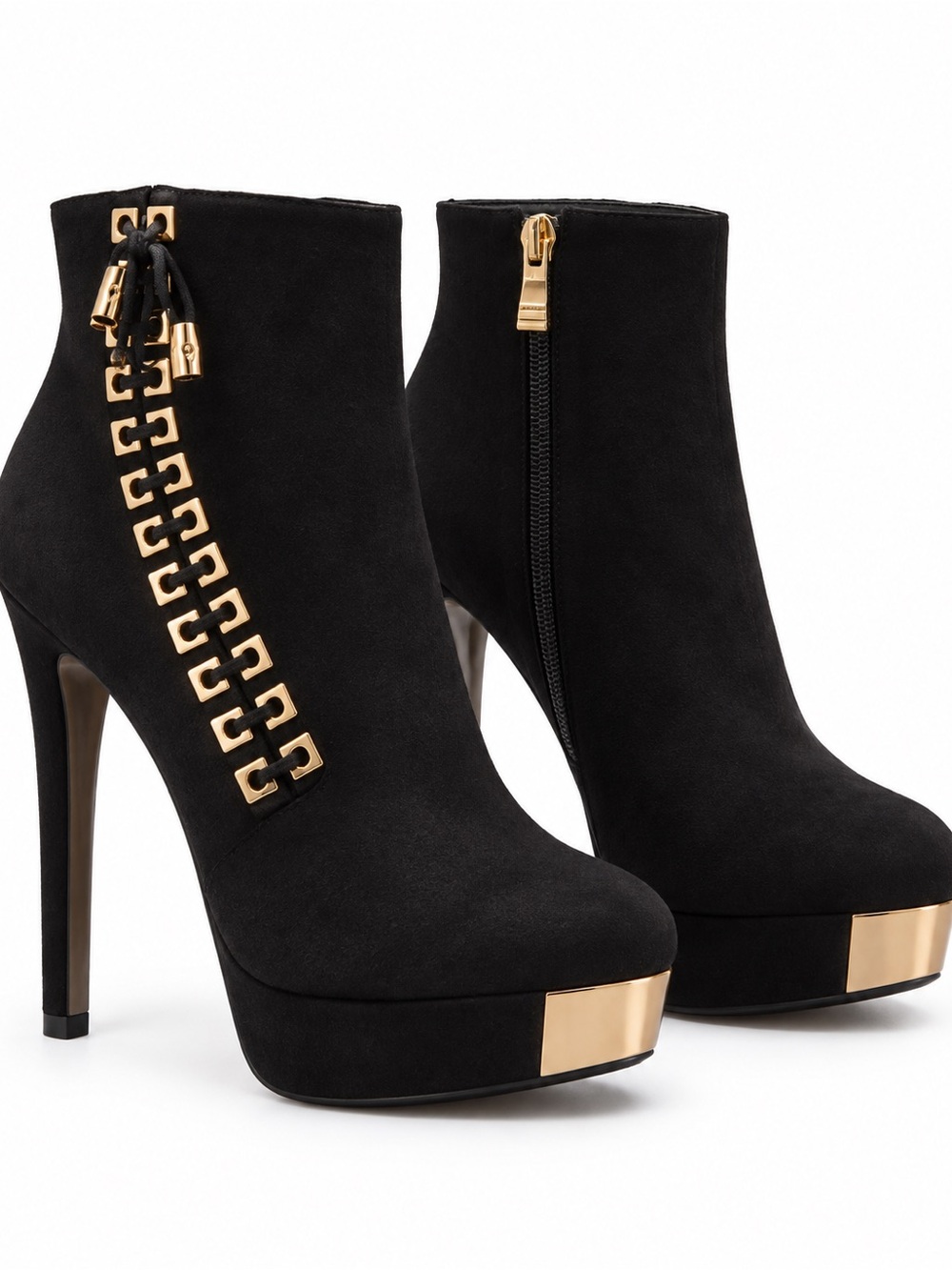 Black Suede Platform Ankle Boots with Gold Accent